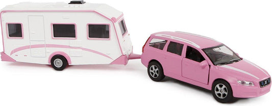 Volvo V70 roze met caravan die-cast  - 30 cm 8713219379226