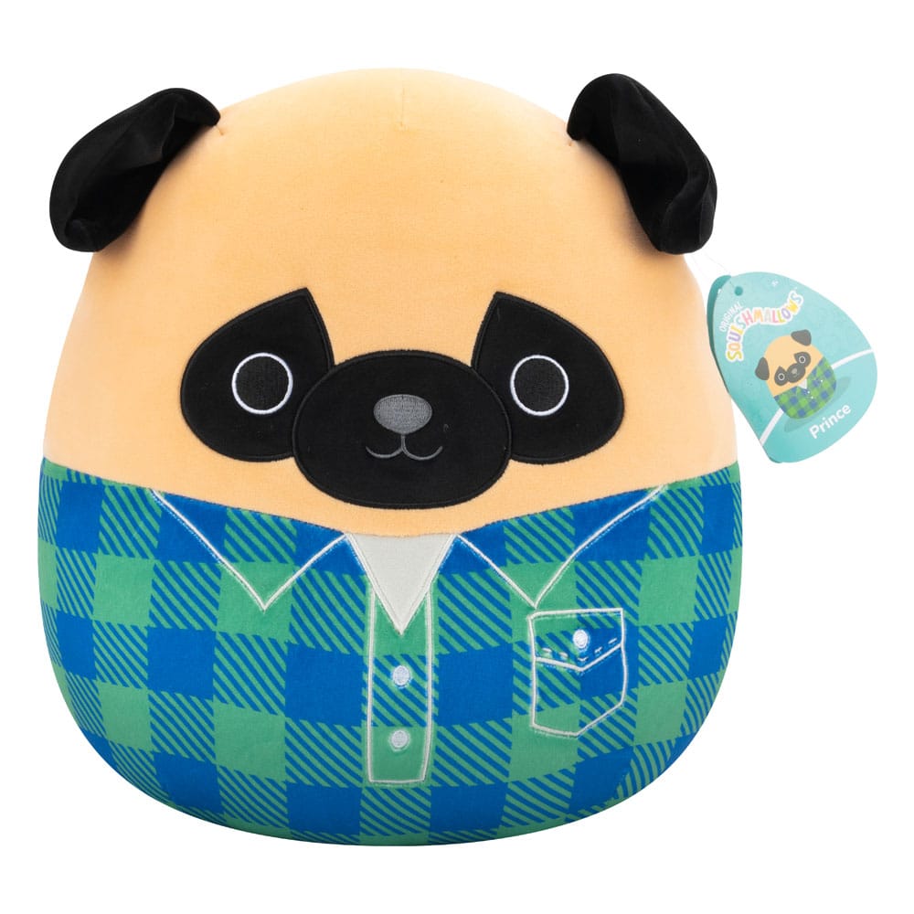 Squishmallows Plush Figure Brown Pug in Green and Blue Flannel Shirt Prince 30 cm 0196566453234