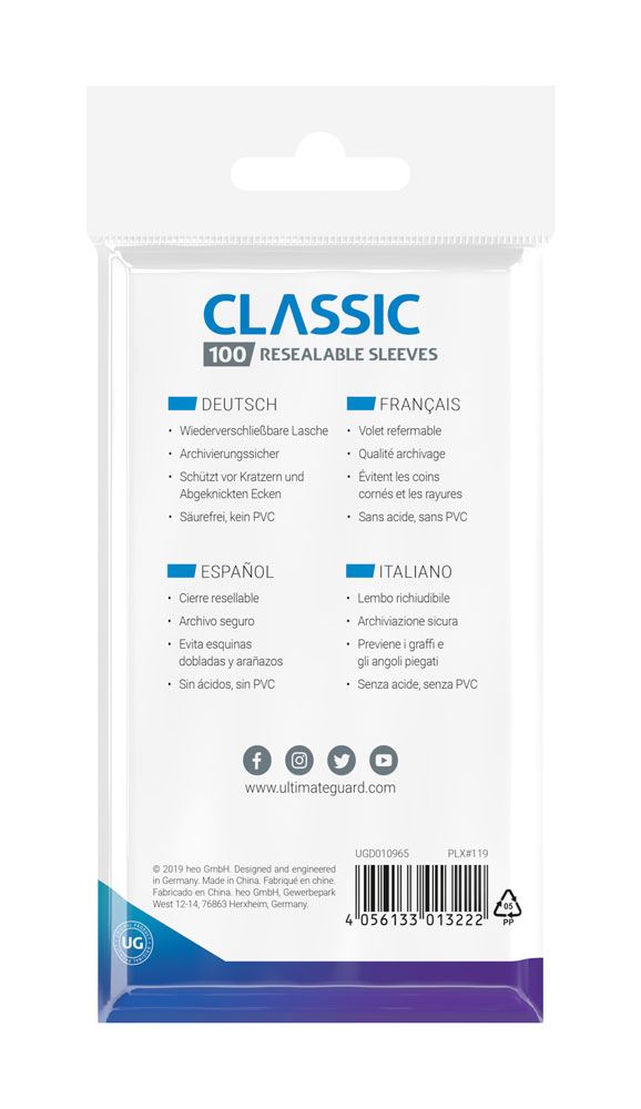 Ultimate Guard Classic Sleeves Standard Size (100) - Resealable 4056133013222